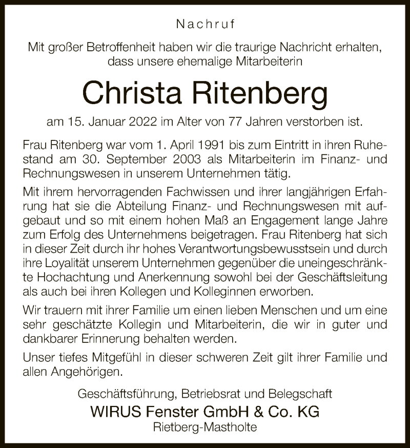  Traueranzeige für Christa Ritenberg vom 22.01.2022 aus Neue Westfälische