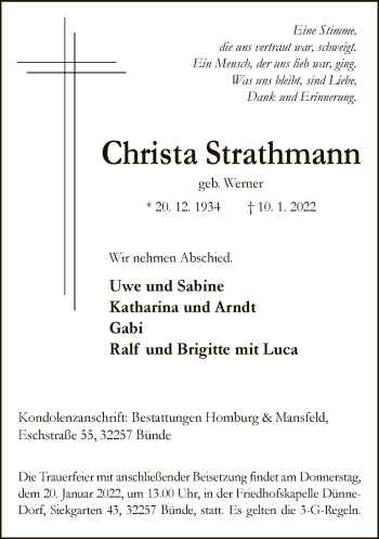 Traueranzeige von Christa Strathmann von Neue Westfälische