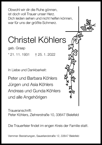 Traueranzeige von Christel Köhlers von Neue Westfälische