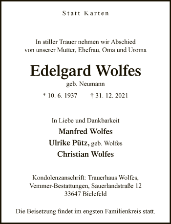 Traueranzeige von Edelgard Wolfes von Neue Westfälische