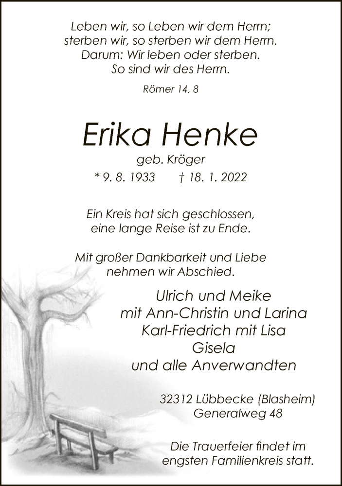  Traueranzeige für Erika Henke vom 20.01.2022 aus Neue Westfälische