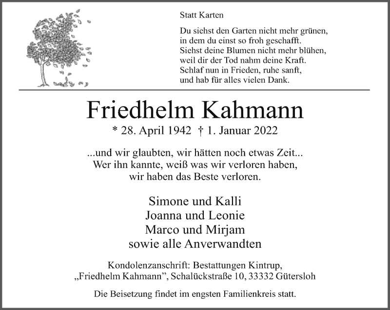 Traueranzeige für Friedhelm kahmann vom 04.01.2022 aus Neue Westfälische
