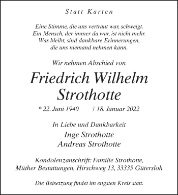 Traueranzeige von Friedrich Wilhelm Strothotte von Neue Westfälische