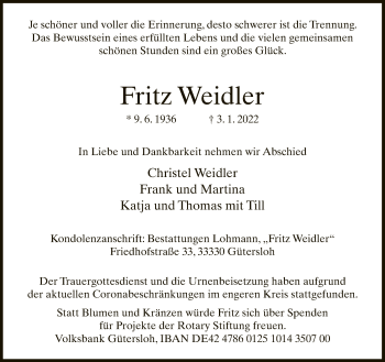 Traueranzeige von Fritz Weidler von Neue Westfälische