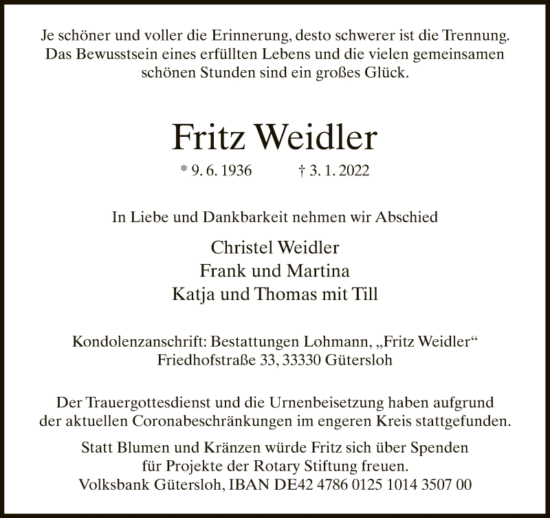  Traueranzeige für Fritz Weidler vom 13.01.2022 aus Neue Westfälische