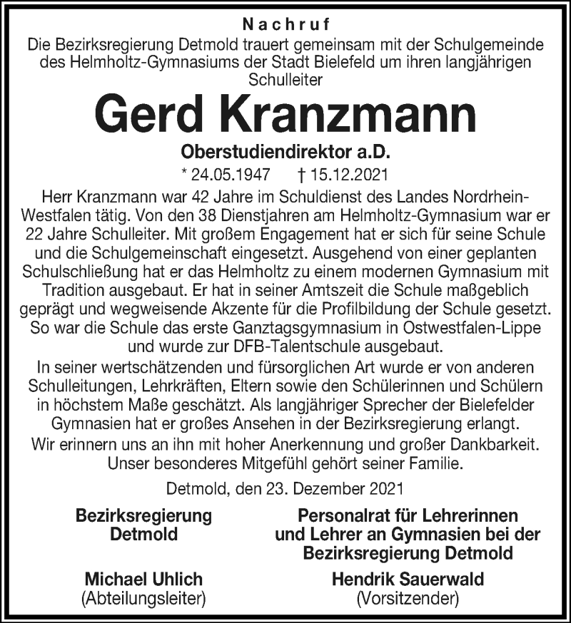  Traueranzeige für Gerd Kranzmann vom 22.01.2022 aus Neue Westfälische