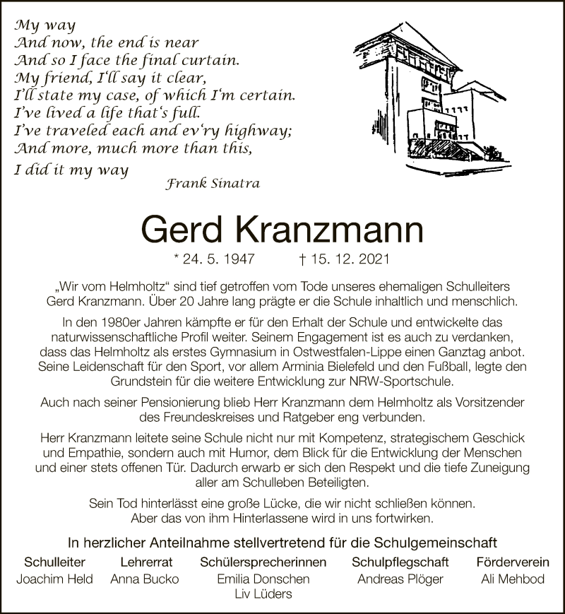 Traueranzeige für Gerd Kranzmann vom 22.01.2022 aus Neue Westfälische
