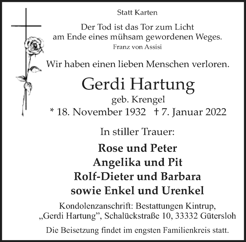  Traueranzeige für Gerdi Hartung vom 19.01.2022 aus Neue Westfälische
