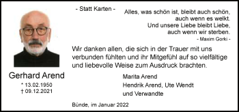 Traueranzeige von Gerhard Arend von Neue Westfälische