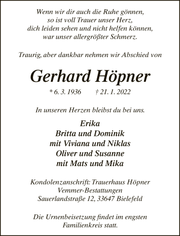 Traueranzeige von Gerhard Höpner von Neue Westfälische