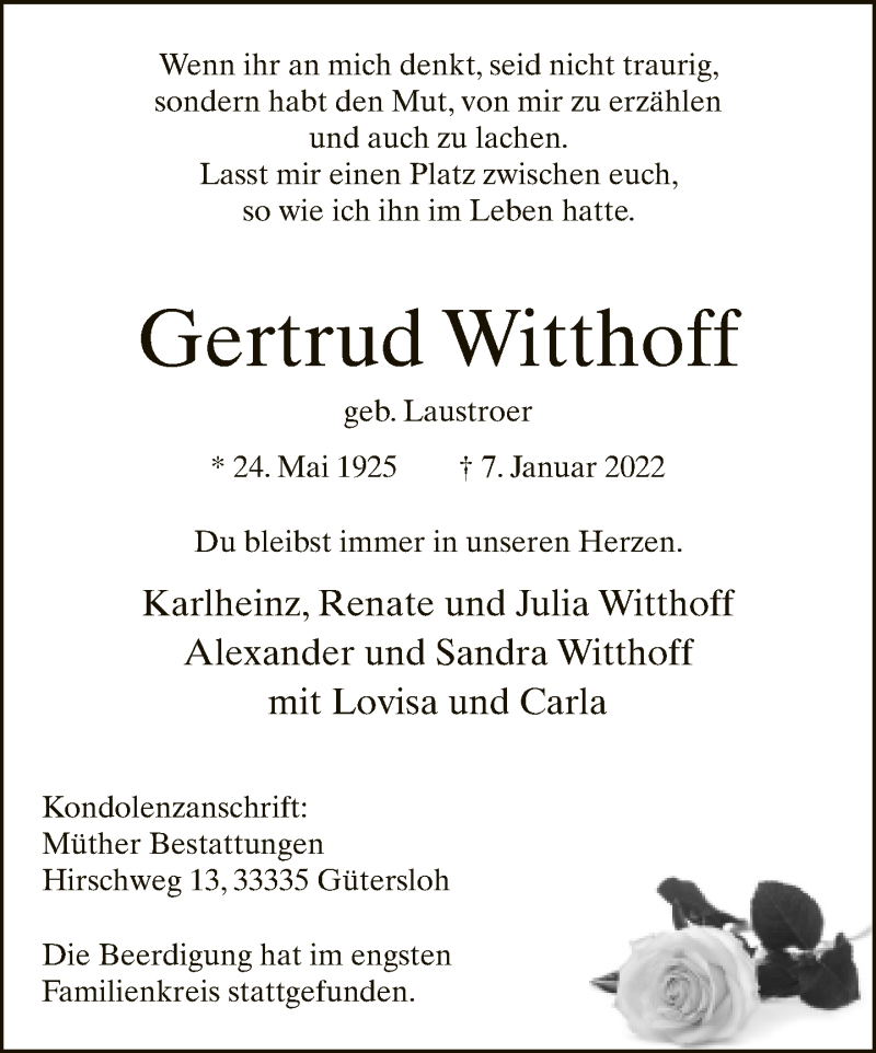  Traueranzeige für Gertrud Witthoff vom 15.01.2022 aus Neue Westfälische
