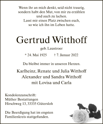 Traueranzeige von Gertrud Witthoff von Neue Westfälische