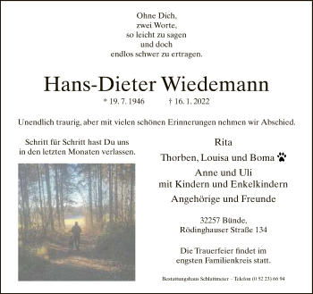 Traueranzeige von Hans-Dieter Wiedemann von Neue Westfälische