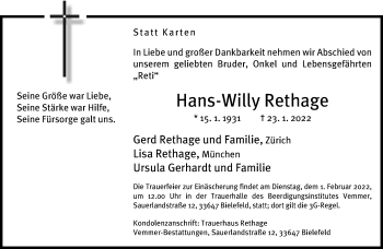 Traueranzeige von Hans-Willy Rethage von Neue Westfälische