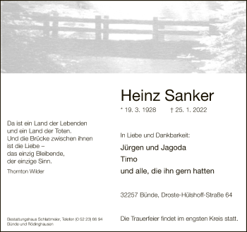 Traueranzeige von Heinz Sanker von Neue Westfälische