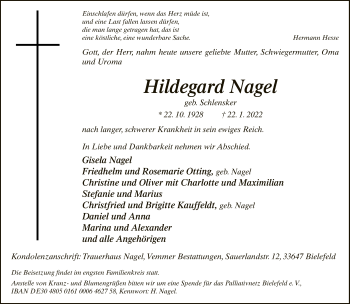 Traueranzeige von Hildegard Nagel von Neue Westfälische
