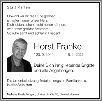 Traueranzeige von Horst Franke von Neue Westfälische