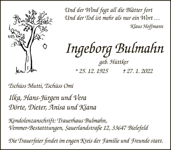 Traueranzeige von Ingeborg Bulmahn von Neue Westfälische
