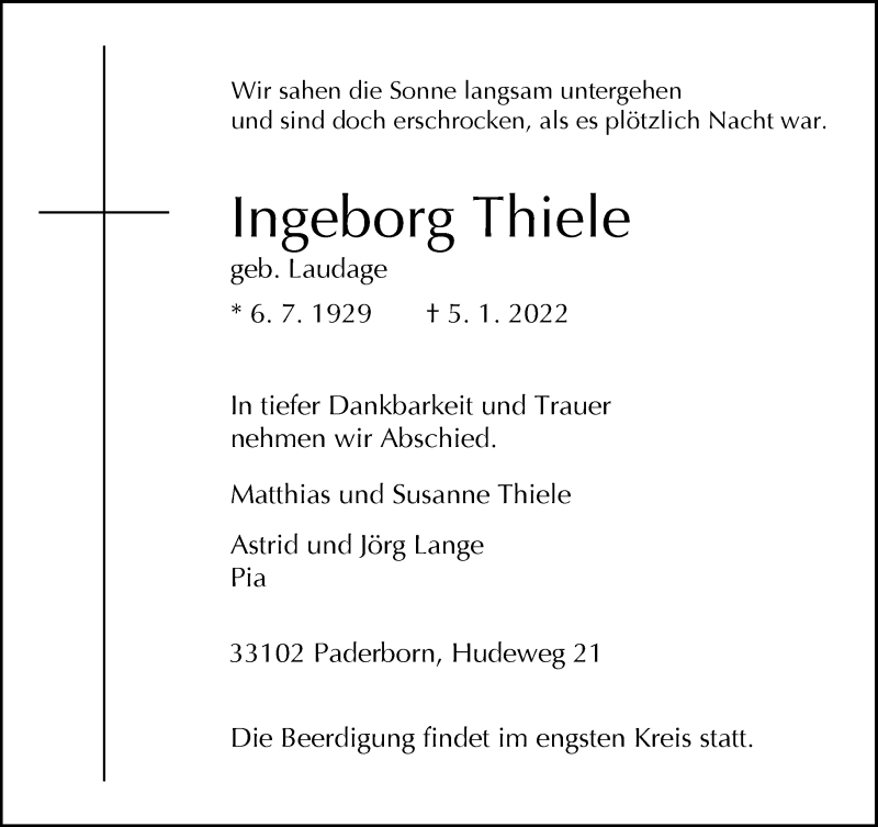  Traueranzeige für Ingeborg Thiele vom 08.01.2022 aus Neue Westfälische