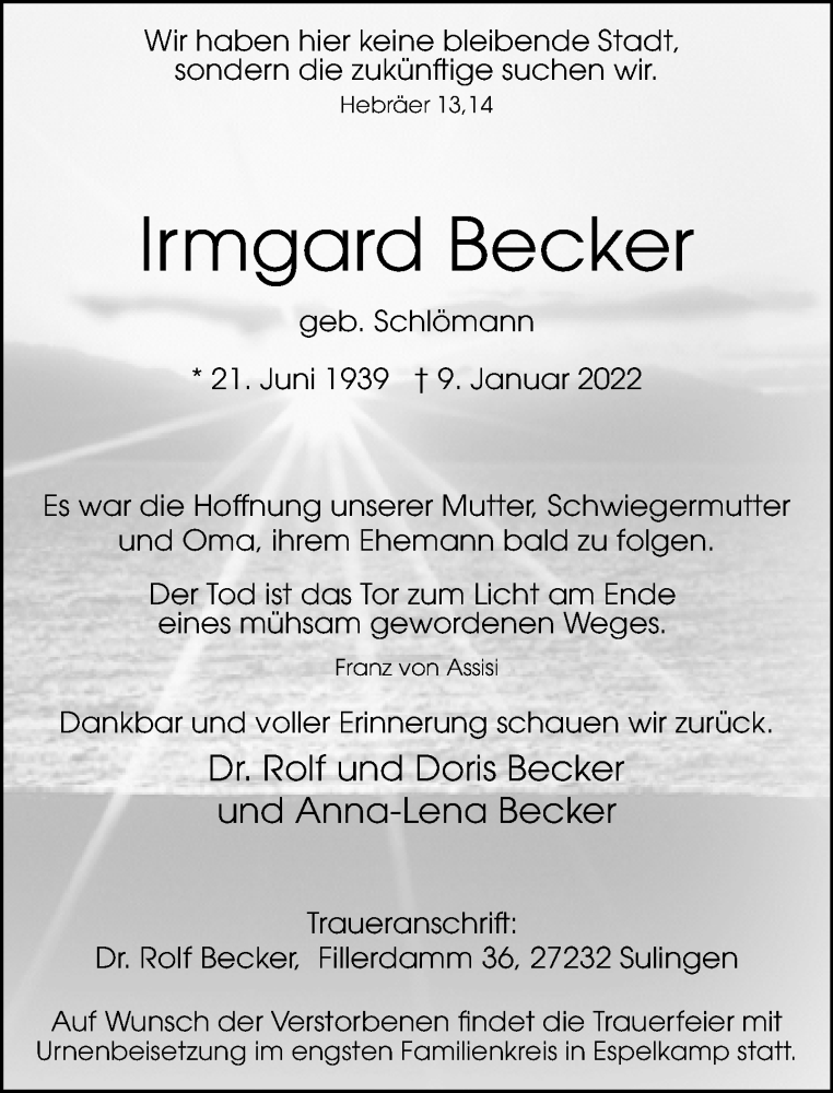  Traueranzeige für Irmgard Becker vom 13.01.2022 aus Neue Westfälische