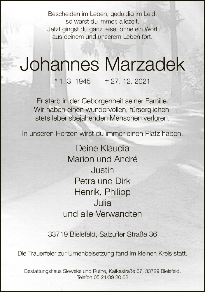  Traueranzeige für Johannes Marzadek vom 15.01.2022 aus Neue Westfälische