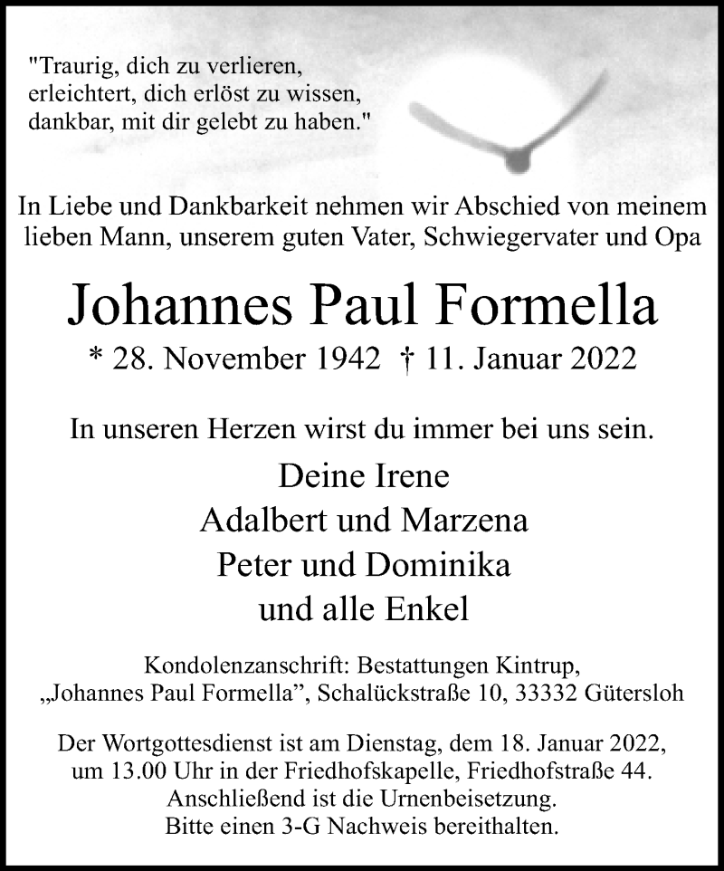  Traueranzeige für Johannes Paul Formella vom 15.01.2022 aus Neue Westfälische