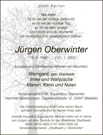 Traueranzeige von Jürgen Oberwinter von Neue Westfälische
