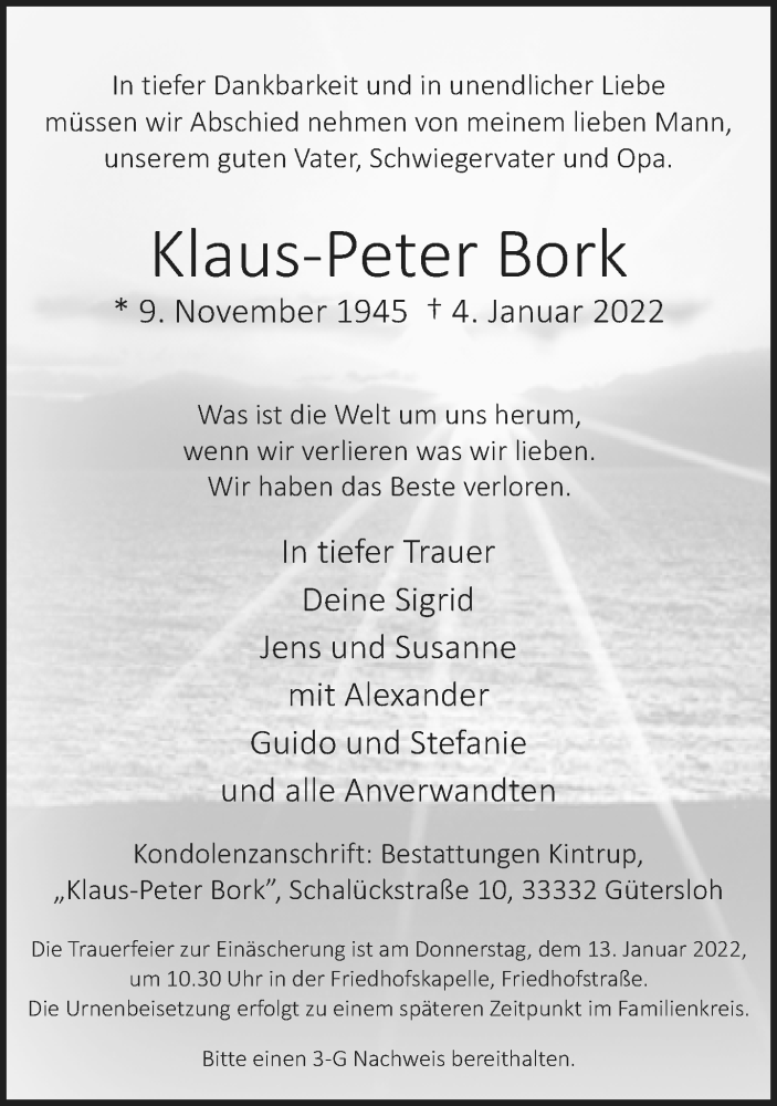  Traueranzeige für Klaus-Peter Bork vom 08.01.2022 aus Neue Westfälische