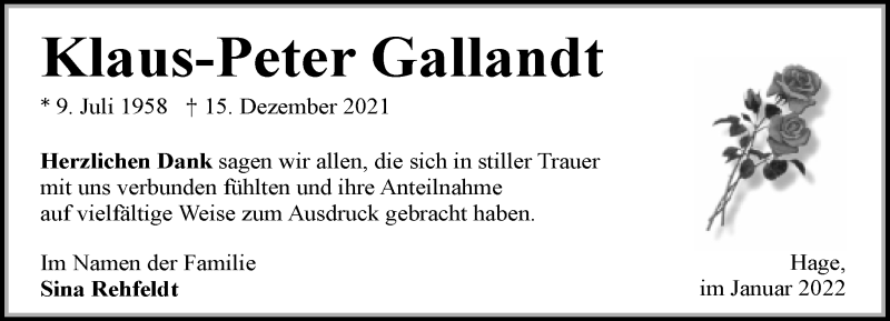  Traueranzeige für Klaus-Peter Gallandt vom 29.01.2022 aus Neue Westfälische