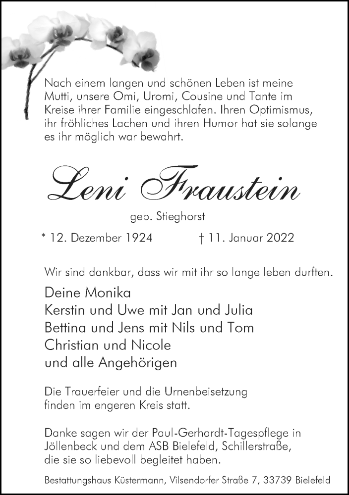  Traueranzeige für Leni Fraustein vom 14.01.2022 aus Neue Westfälische