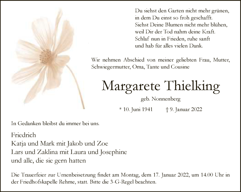  Traueranzeige für Margarete Thielking vom 12.01.2022 aus Neue Westfälische