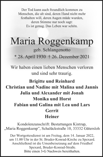 Traueranzeige von Maria Roggenkamp von Neue Westfälische