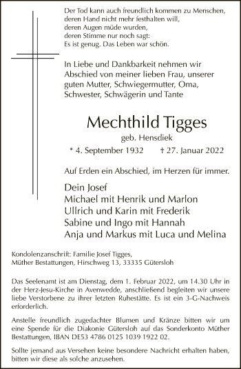Traueranzeige von Mechthild Tigges von Neue Westfälische