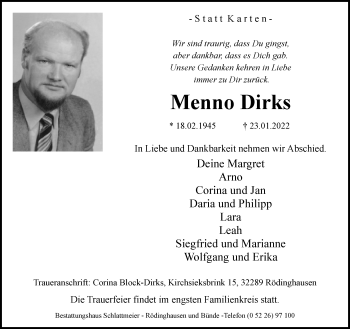 Traueranzeige von Menno Dirks von Neue Westfälische
