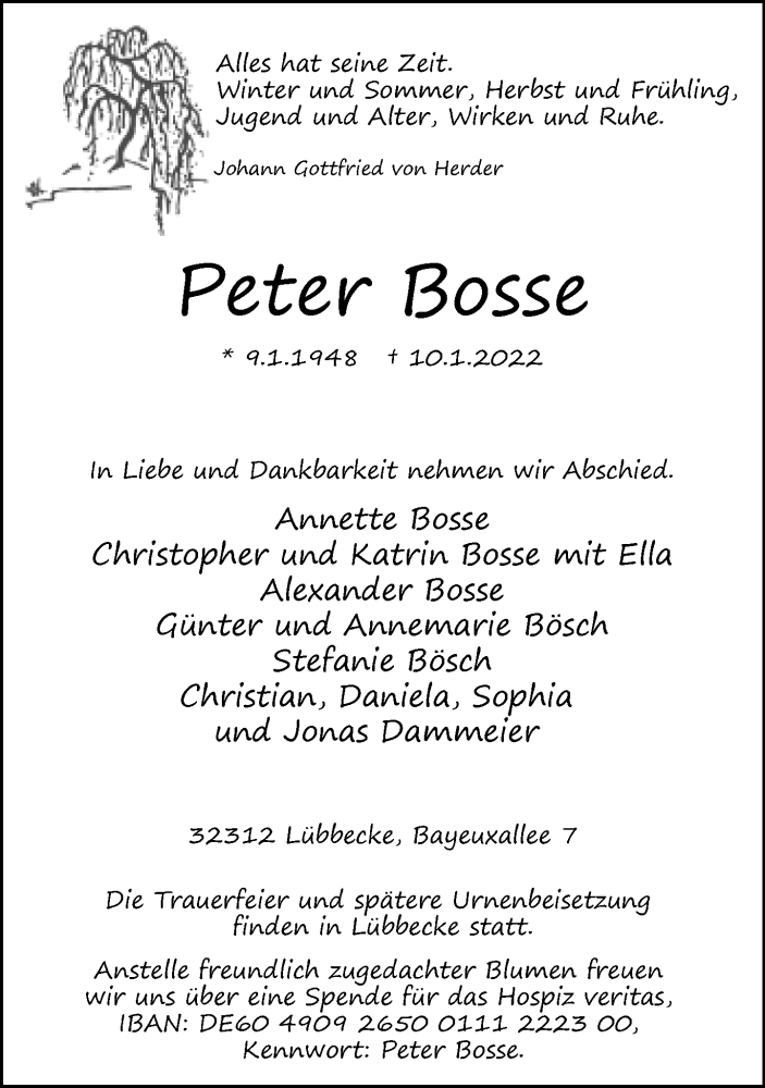  Traueranzeige für Peter Bosse vom 13.01.2022 aus Neue Westfälische