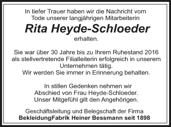 Traueranzeige von Rita Heyde-Schloeder von Neue Westfälische