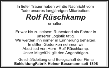 Traueranzeige von Rolf Rüschkamp von Neue Westfälische