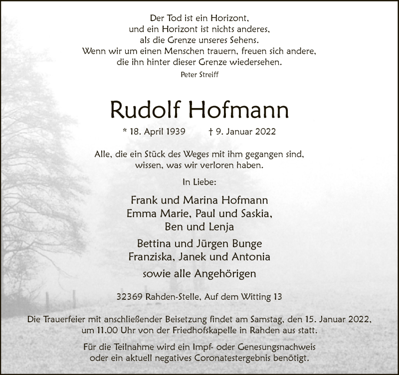  Traueranzeige für Rudolf Hofmann vom 11.01.2022 aus Neue Westfälische