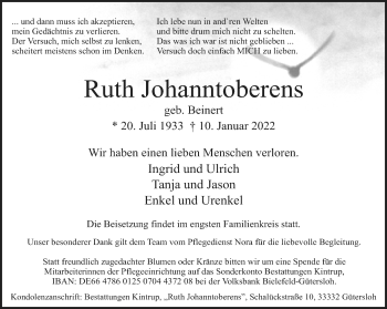 Traueranzeige von Ruth Johanntoberens von Neue Westfälische
