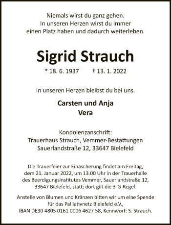 Traueranzeige von Sigrid Strauch von Neue Westfälische