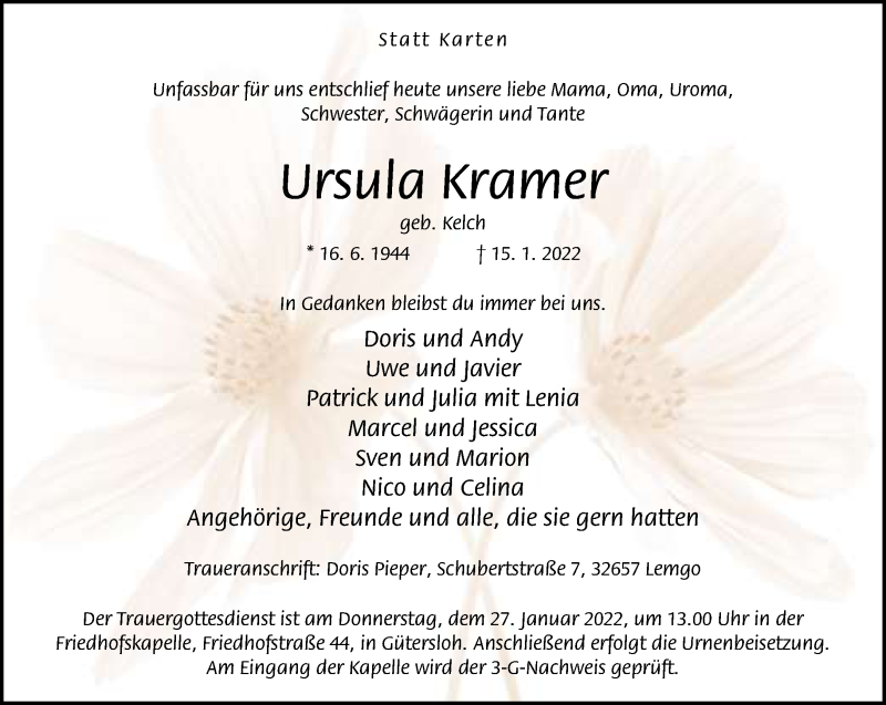  Traueranzeige für Ursula Kramer vom 22.01.2022 aus Neue Westfälische