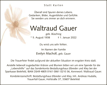 Traueranzeige von Waltraud Gauer von Neue Westfälische