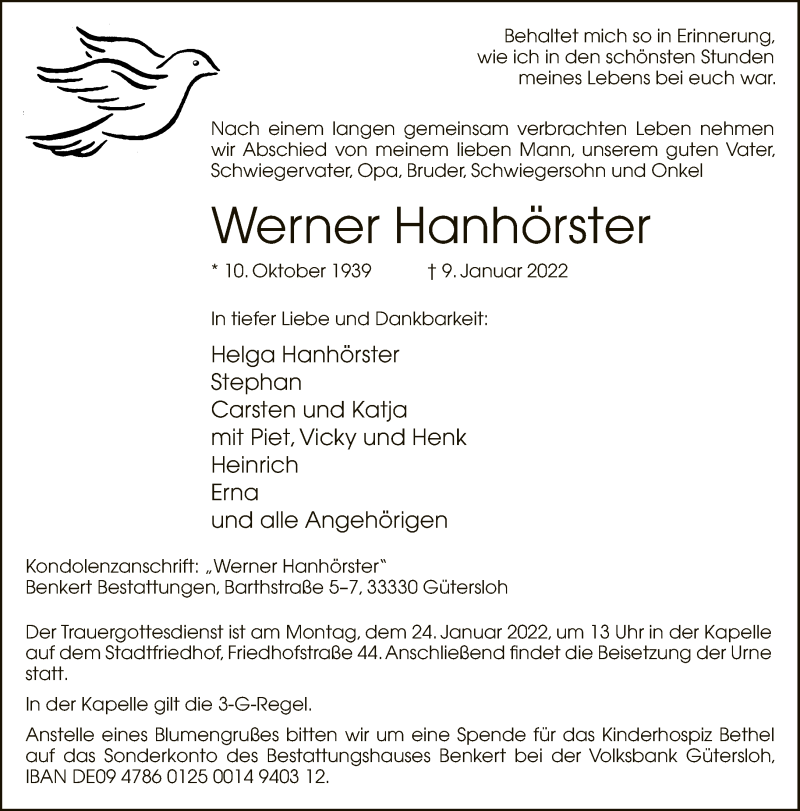  Traueranzeige für Werner Hanhörster vom 13.01.2022 aus Neue Westfälische