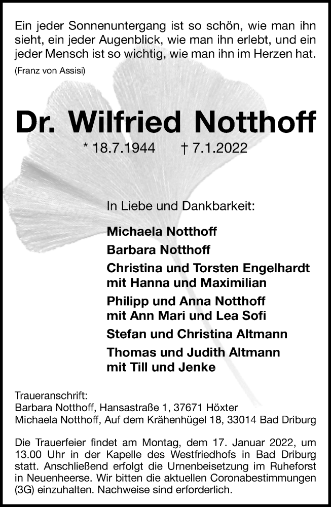  Traueranzeige für Wilfried Notthoff vom 11.01.2022 aus Neue Westfälische