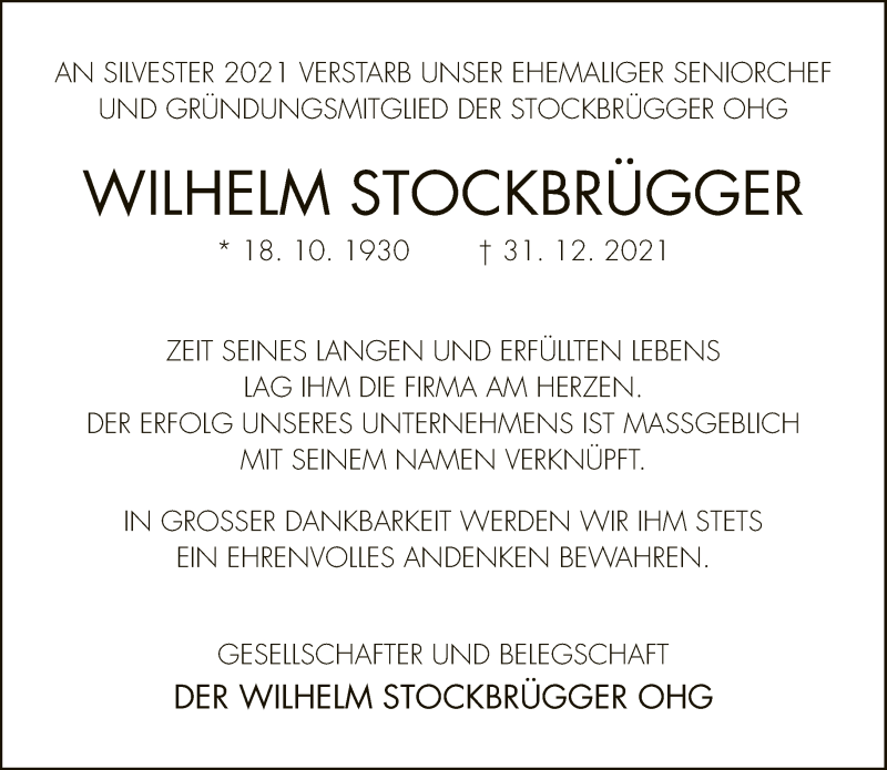  Traueranzeige für Wilhelm Stockbrügger vom 04.01.2022 aus Neue Westfälische