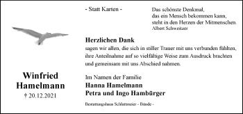 Traueranzeige von Winfried Hamelmann von Neue Westfälische