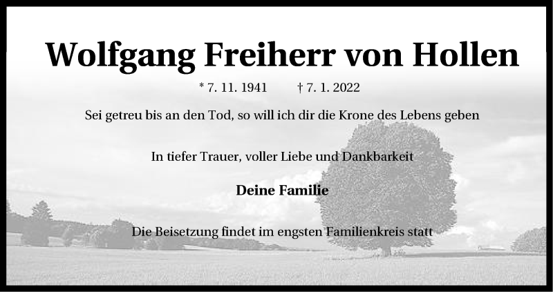  Traueranzeige für Wolfgang Freiherr von Hollen vom 11.01.2022 aus Neue Westfälische