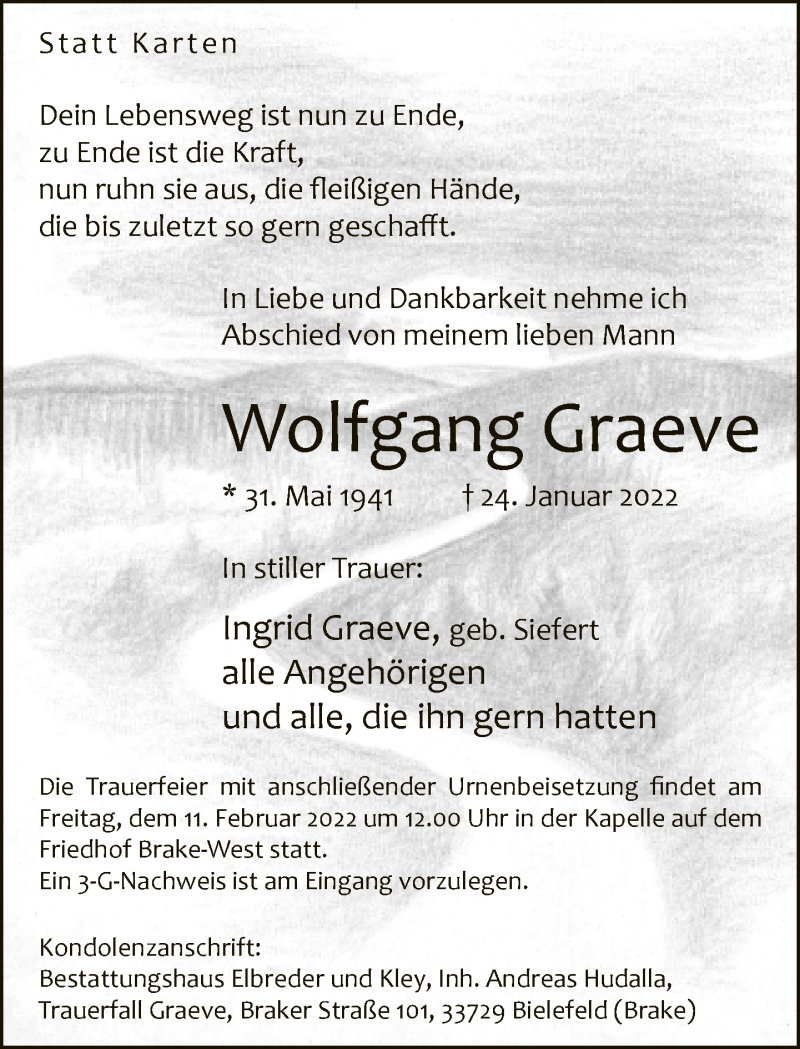  Traueranzeige für Wolfgang Graeve vom 29.01.2022 aus Neue Westfälische
