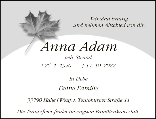 Traueranzeige von Anna Adam von Neue Westfälische