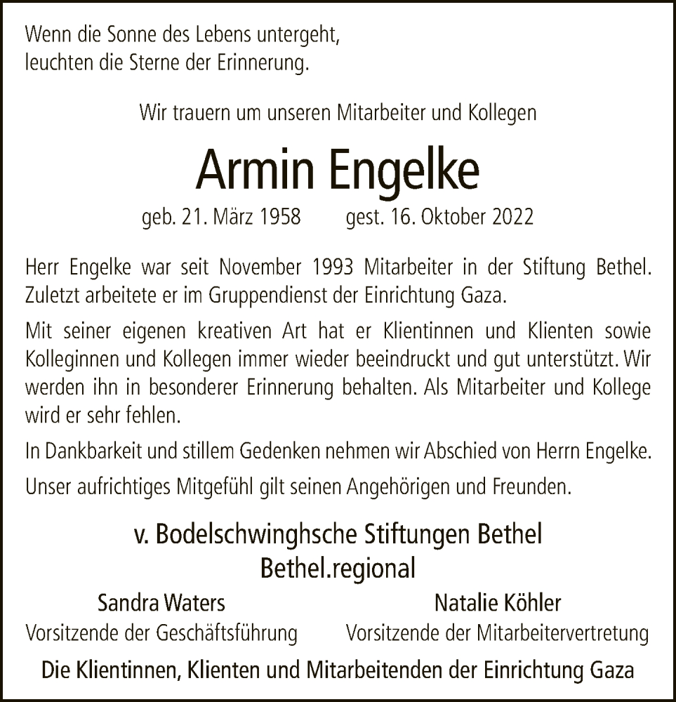  Traueranzeige für Armin Engelke vom 24.10.2022 aus Neue Westfälische